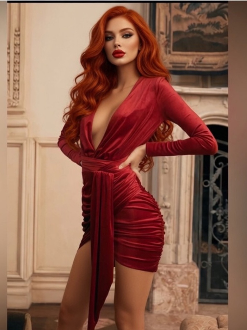 HOUSE OF CB 'Farrah' Red Velvet Gathered Deep V Mini Dress/Size S-US 4-6 $195